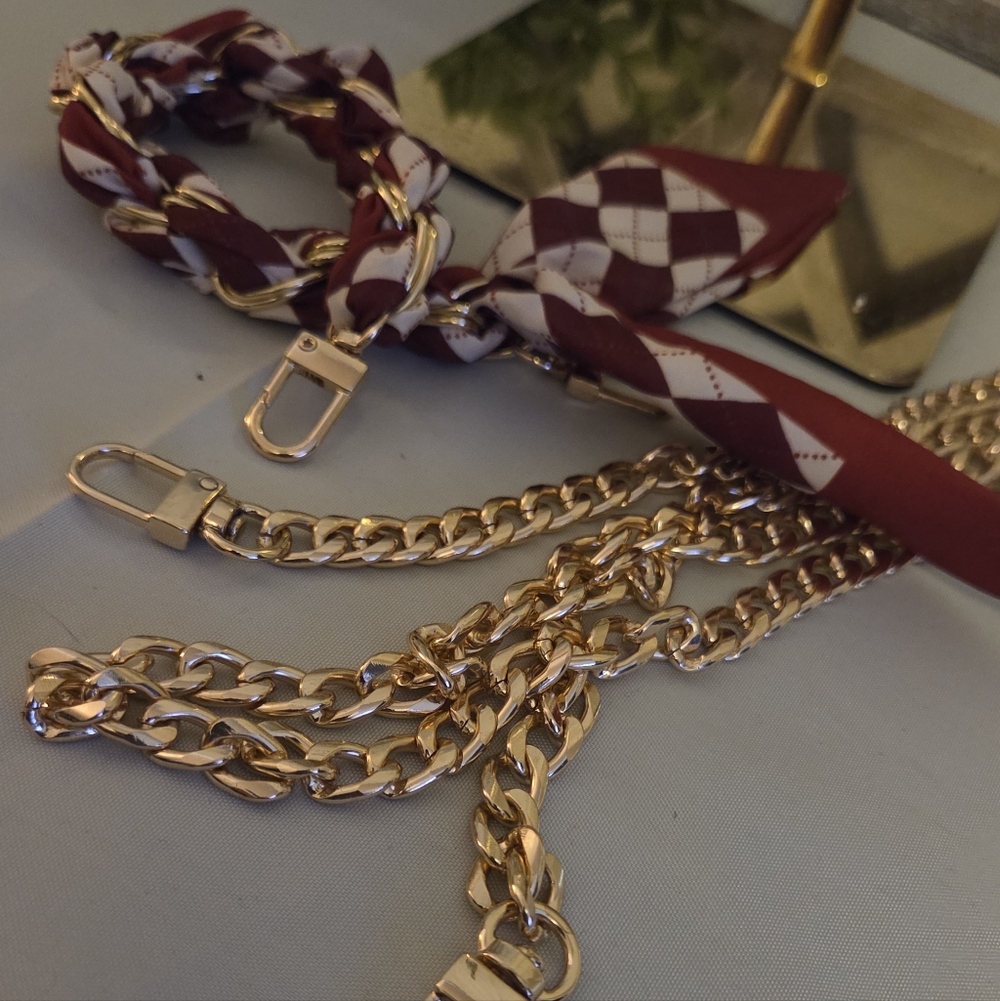 Gold Chain Strap 59" with Burgundy & White Scarf Accent - Women Accessories